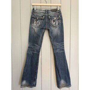 Miss Me Jeans 26 Blue Bootcut Low Rise Embellished Distressed Contrast Hem FLAW